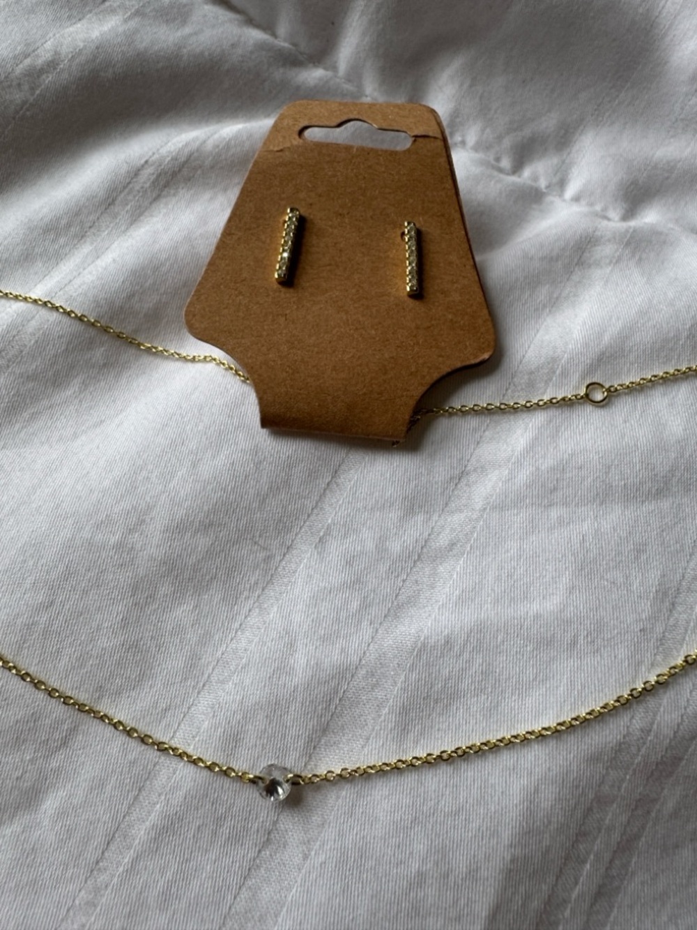 Delicate Gold Bar Earrings and Chain Necklace Set with Clear Stone